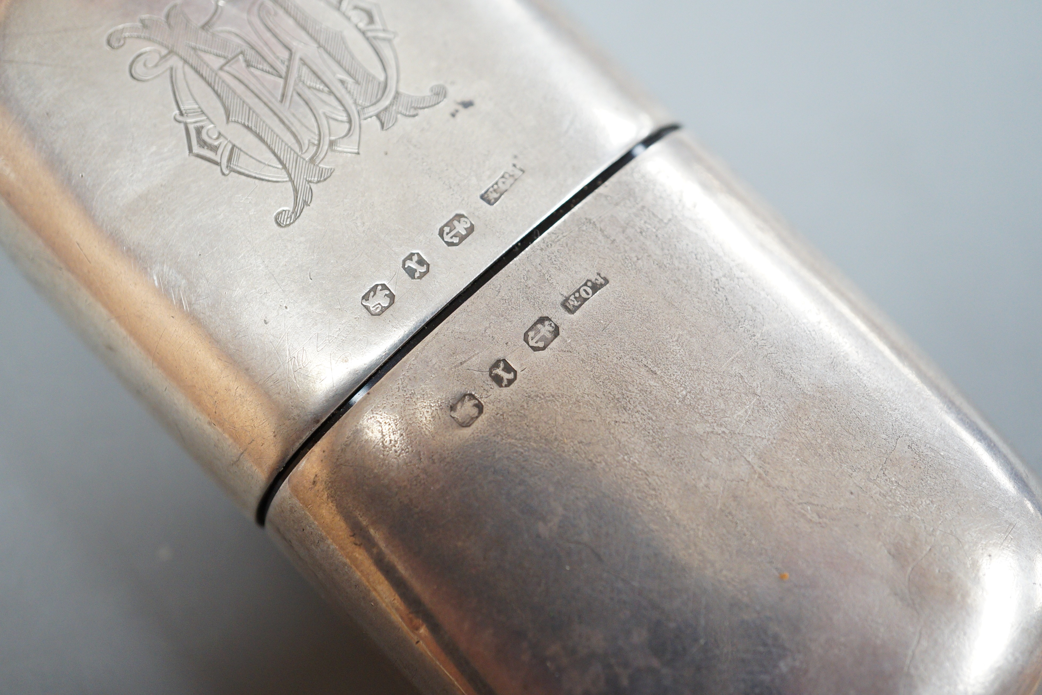 A late Victorian silver cased glass hip flask, Edward Osborn Marples, Birmingham, 1897, 10.8cm.